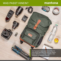 Mantona Luis junior Retro Zaino fotografico verde, per fotocamera con copertura antipioggia, borsa fotografica con scomparto per laptop, DSLR, 3 obiettivi e accessori fotografici