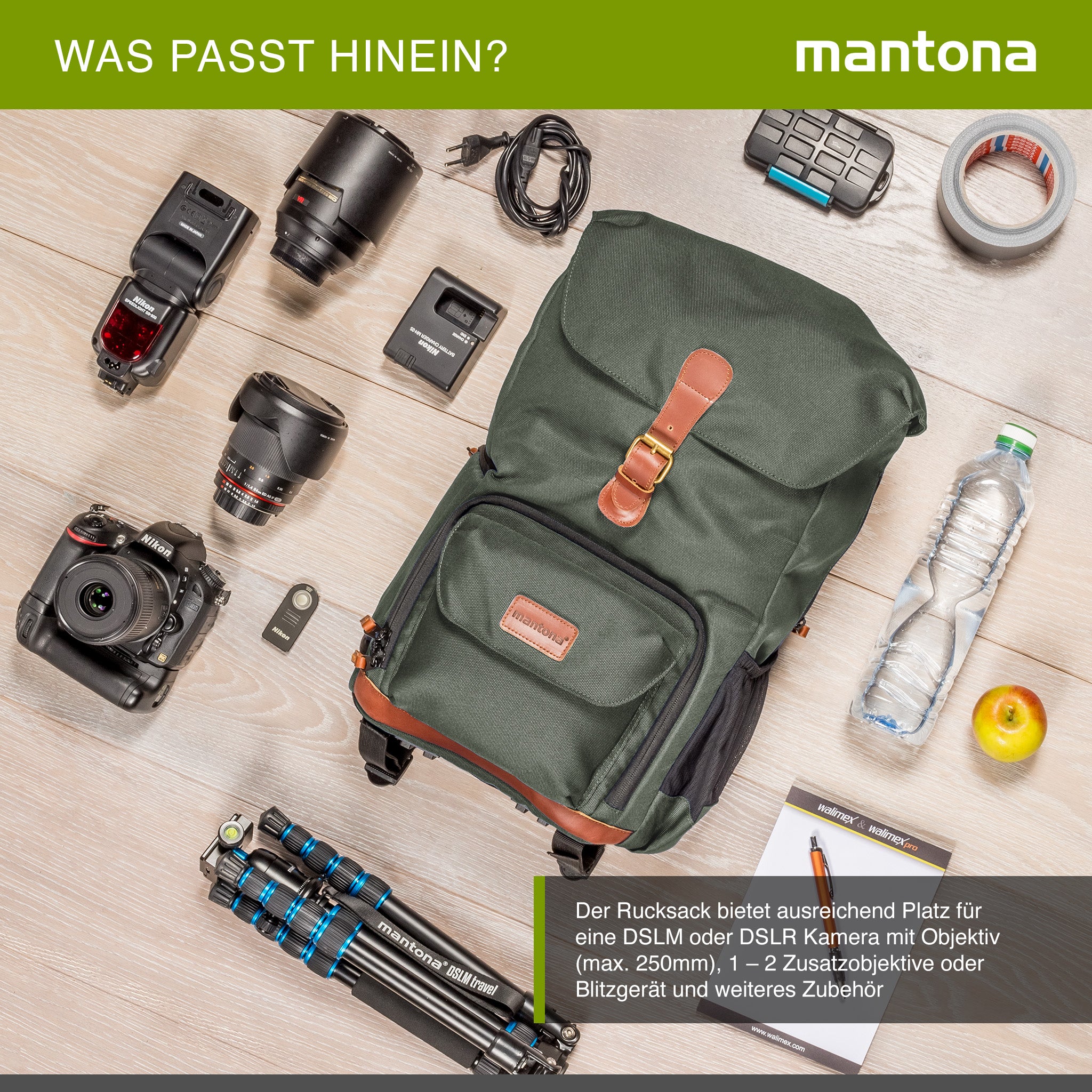 Mantona Luis junior Retro Zaino fotografico verde, per fotocamera con copertura antipioggia, borsa fotografica con scomparto per laptop, DSLR, 3 obiettivi e accessori fotografici