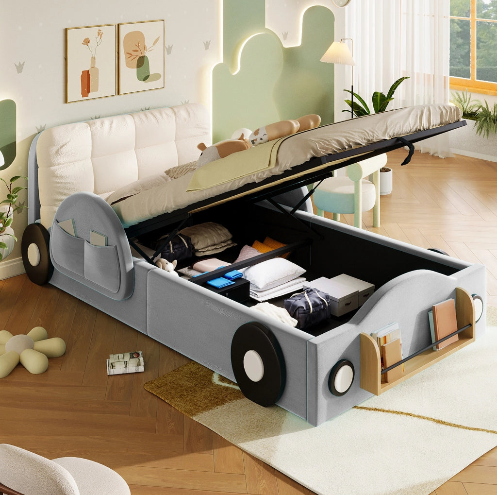 Letto imbottito 90x200 cm con contenitore idraulico e cuscino in flanella grigio