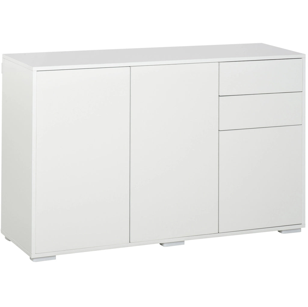 Credenza bianca con 2 cassetti e 3 ante, armadio versatile 117x36x74 cm