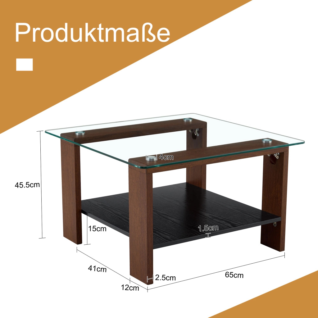 Tavolino basso con piano in vetro temperato e ripiano contenitore per soggiorno in MDF e vetro noce 65 × 41 × 45,5 cm