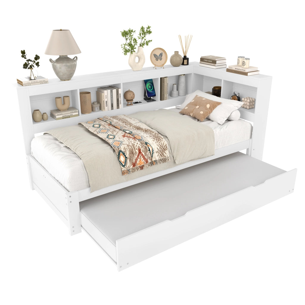 Letto estraibile singolo 90×200 cm con presa; 2 USB e ripiani; senza materasso; pino; bianco