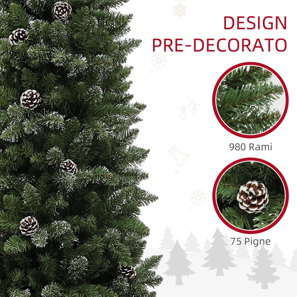 Albero di Natale Innevato Slim Alto 225 cm con 980 Rami Pigne e Base in Acciaio Verde