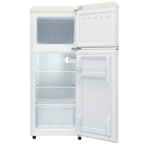 Frigorifero retrò; frigorifero-freezer combo; volume totale 92L; congelatore 28L; mensole per porte; mensole in vetro; luce LED; efficiente energetico; bianco antico