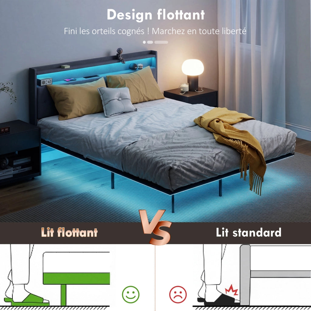 Letto Matrimoniale con Luci LED e Stazione di Carica ¨C zephmum ¨C Grigio 160x200 cm