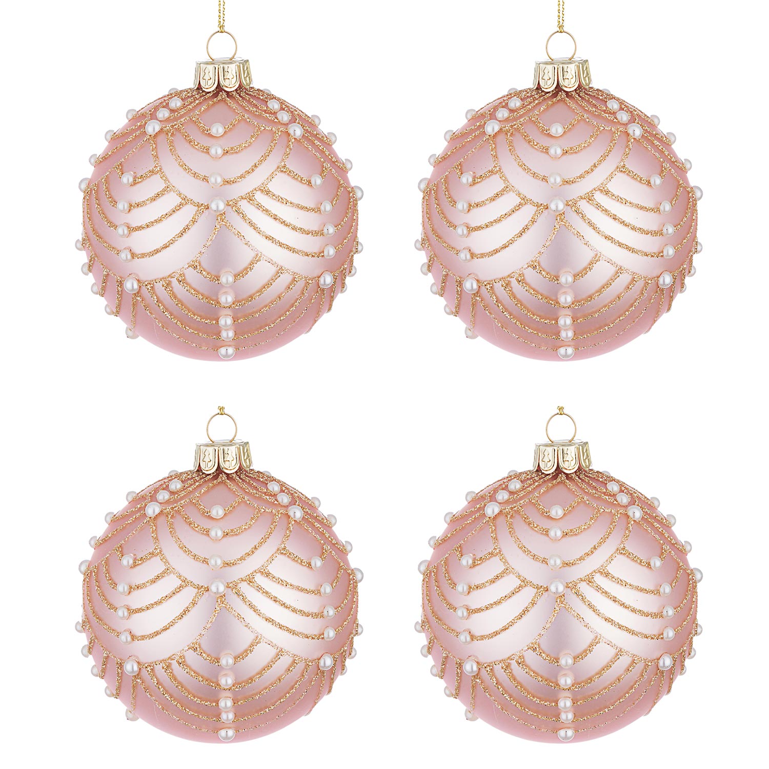 Palle di Natale in Vetro Rosa con Perle Bianche e Oro Addobbi Natalizi Albero Diametro: 100 mm