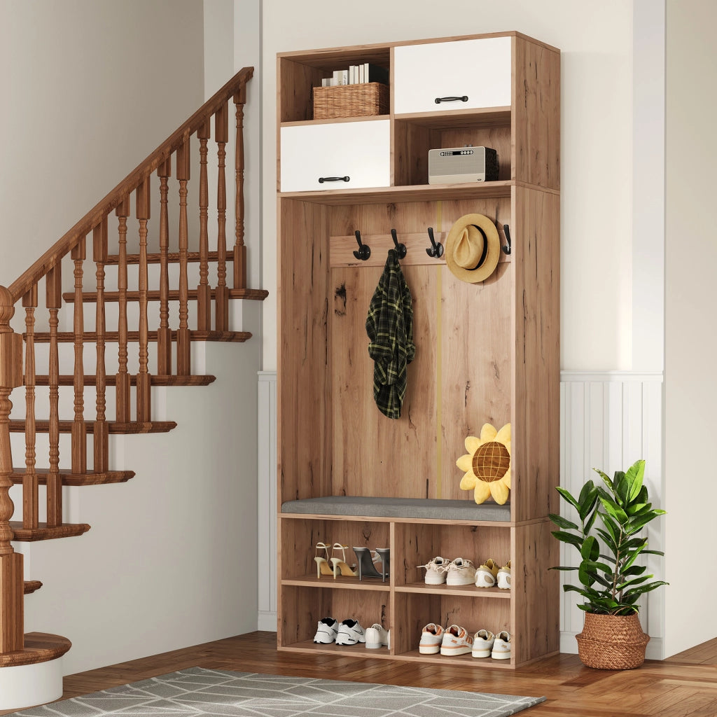 Set ingresso moderno con scarpiera, panca imbottita, 5 ganci, 4 vani aperti, colore naturale e bianco, 80¡Á185¡Á35 cm