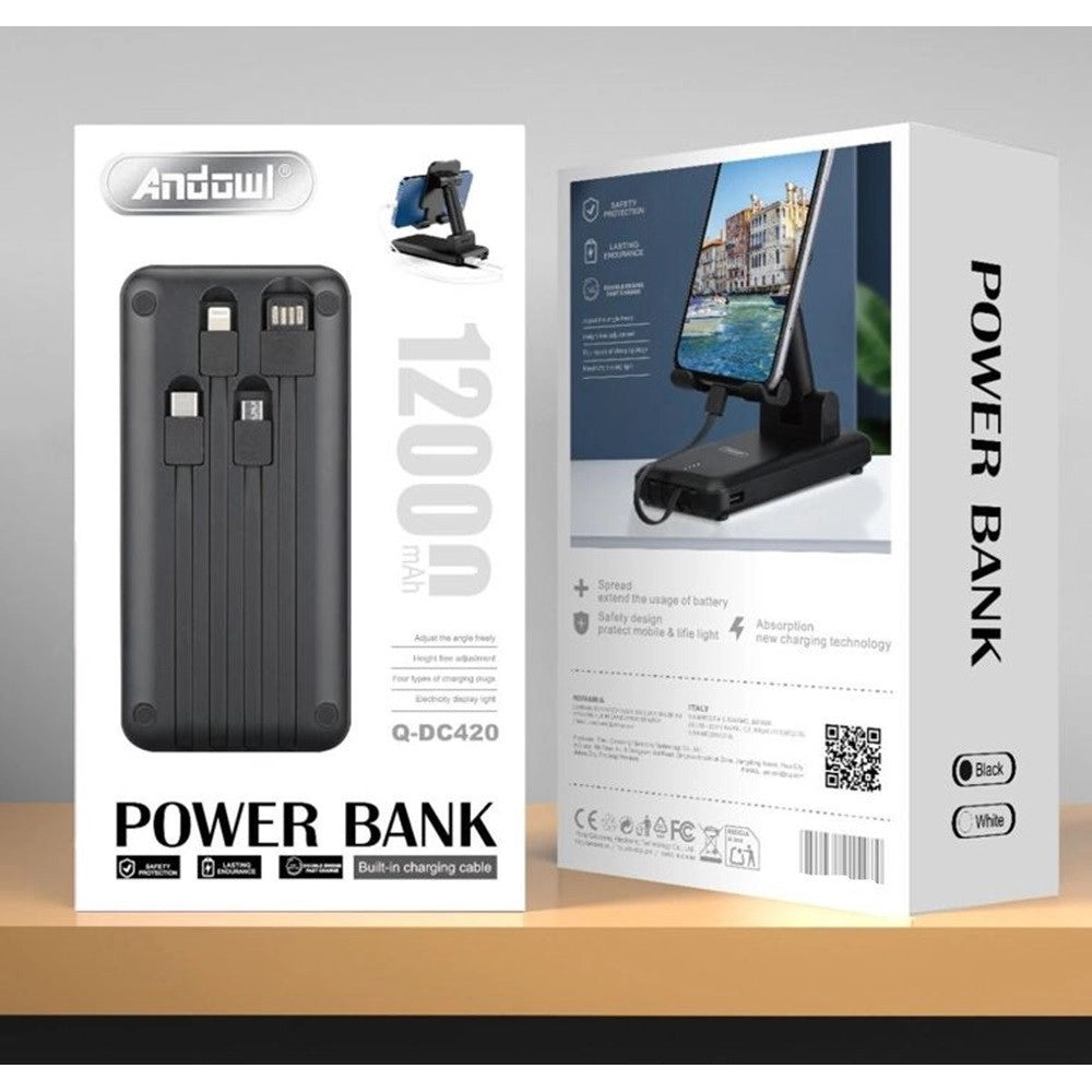 Trade Shop - Power Bank Portatile 12000mah Con Supporto Per Smartphone Cavi Ricarica Integrati Q-dc420 -