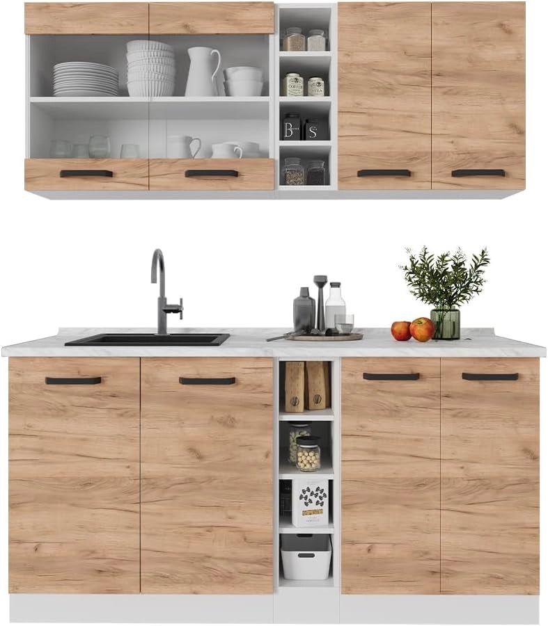Cucina completa R-Line, Quercia dorata/bianco, 160 cm PL Rovere, con disposizione flessibile dei moduli ed espandibile
