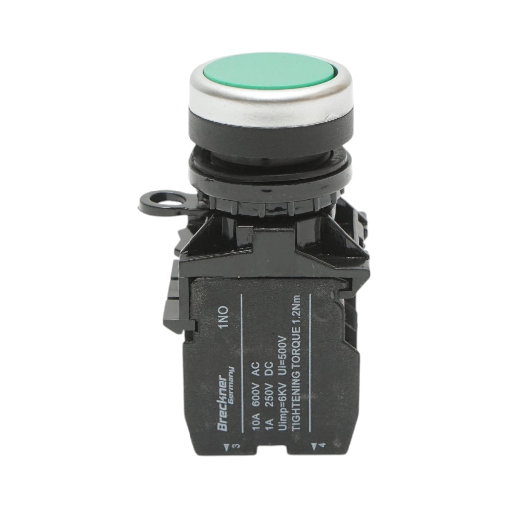 Interruttore a pulsante con ritorno 1NO+1NC verde, 10A/600V AC, 1A/250V DC LA42 Breckner Germany