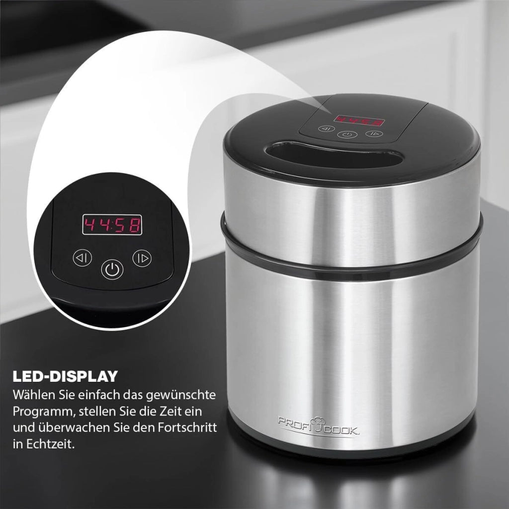 ProfiCook 501140 Gelatiera e Yogurtiera 1 8 L 12 W Timer Digitale Display LED Acciaio Inossidabile colore Nero