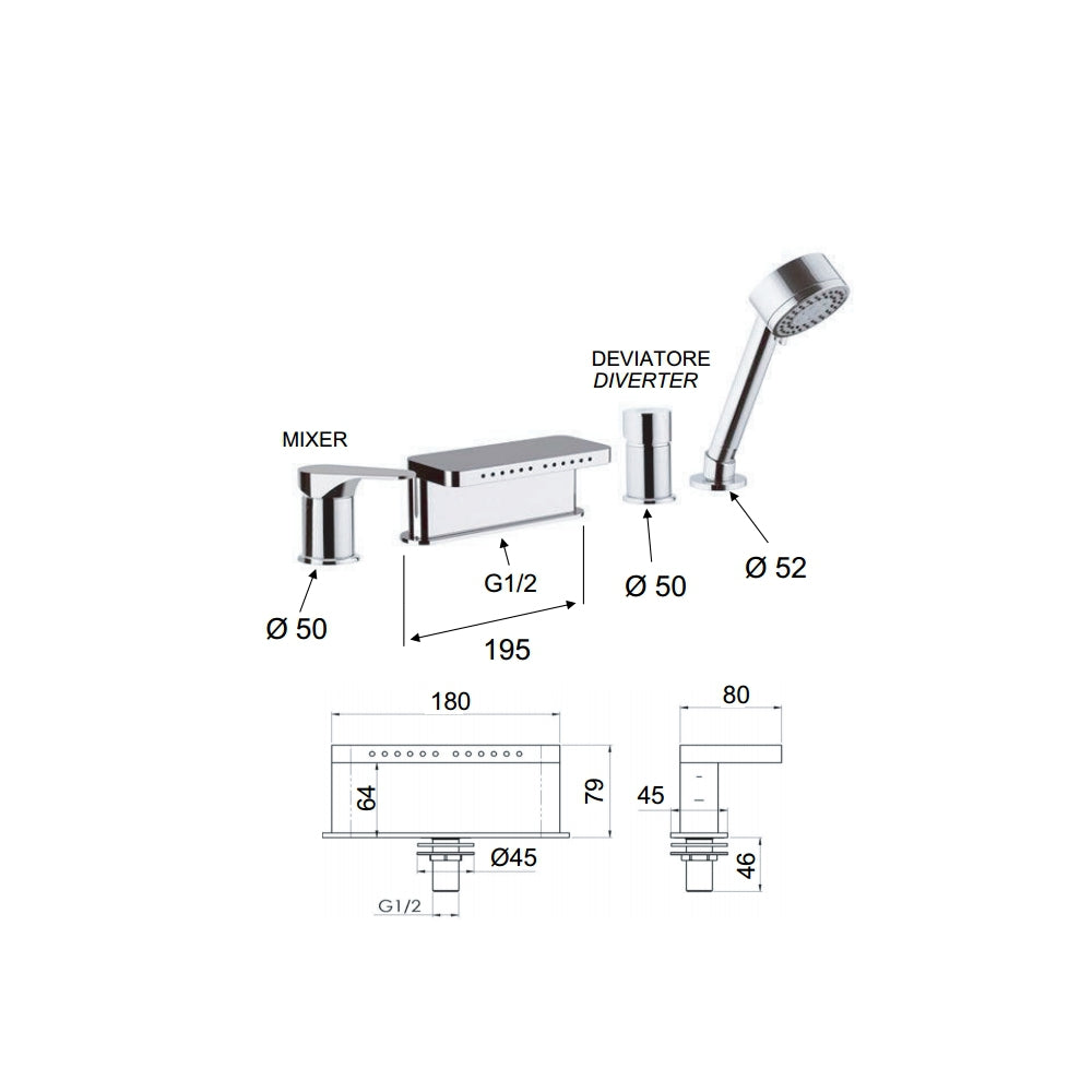 Miscelatore bordo vasca con deviatore, bocca multigetto e doccetta - serie class line
