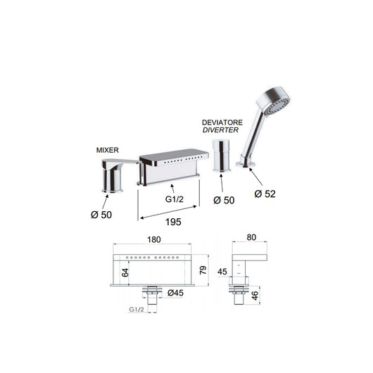 Miscelatore bordo vasca con deviatore, bocca multigetto e doccetta - serie class line