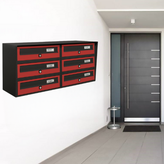 ALUBOX Cassette Postali Condominiali 6 Posti SLIM 37,8X77,5X30 Cm In Lamiera Zincata E Alluminio Cassetta Postale Da Esterno Condominiale Con Sistema Anti Prelievo COLORE: ANTRACITE ROSSO