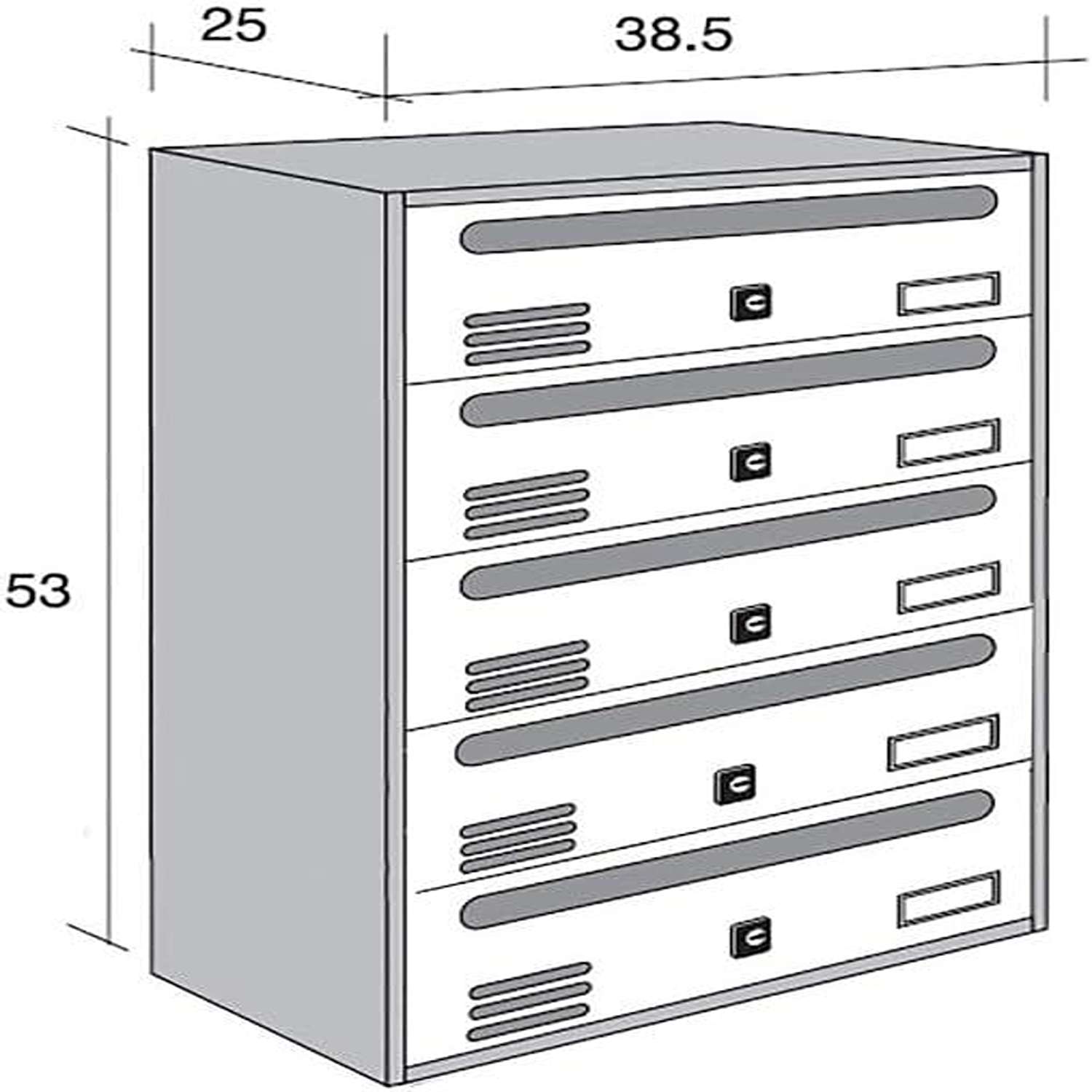 ALUBOX CUBO Cassette Postali Condominiali 5 Posti 53X38,5X25 Cm In Lamiera Zincata Cassetta Postale Condominiale Orizzontale Da Esterno E Interno Protetto COLORE: ARGENTO RAL 9006