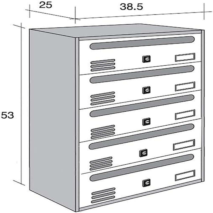 ALUBOX CUBO Cassette Postali Condominiali 5 Posti 53X38,5X25 Cm In Lamiera Zincata Cassetta Postale Condominiale Orizzontale Da Esterno E Interno Protetto COLORE: ARGENTO RAL 9006