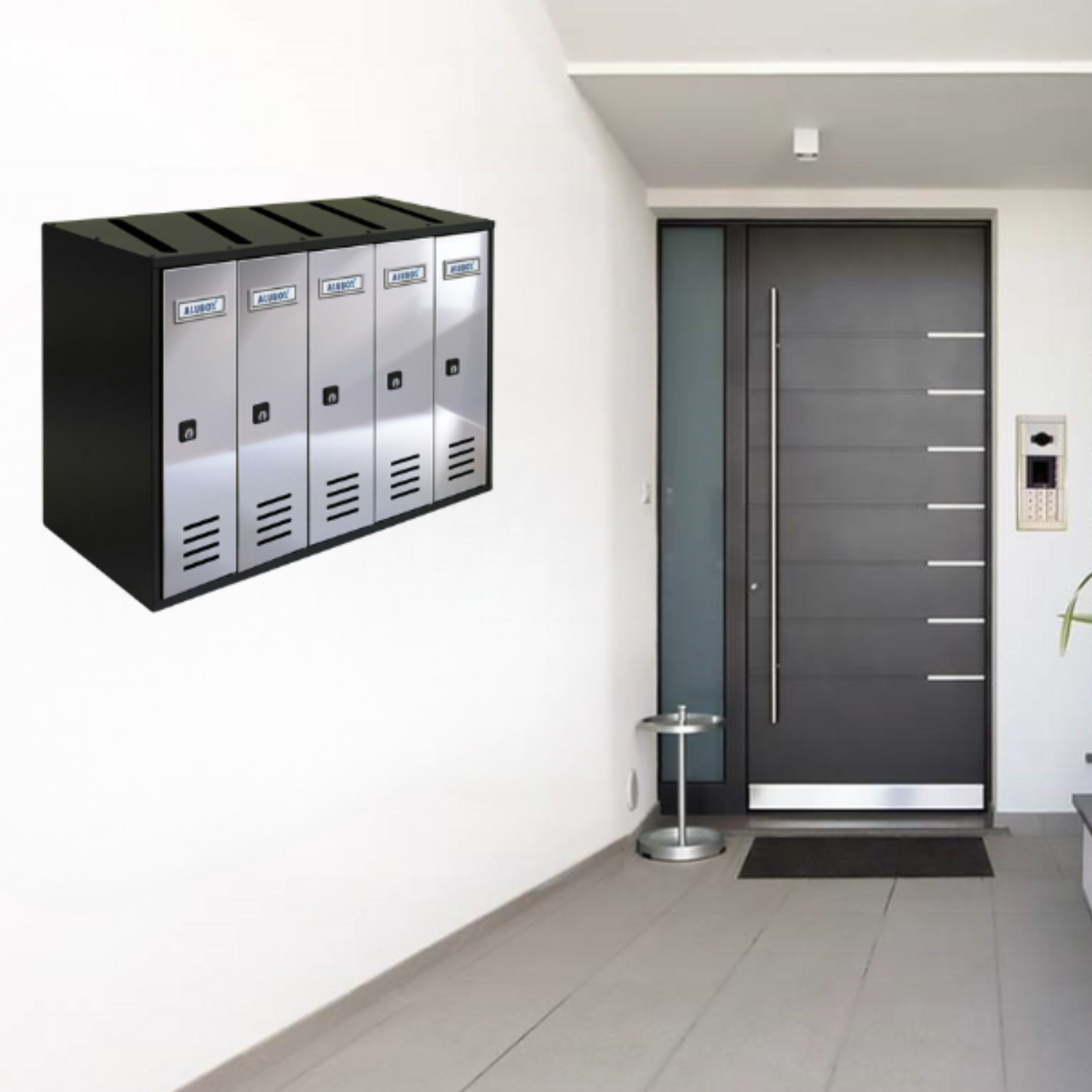 ALUBOX CUBO Cassette Postali Condominiali 5 Posti 38,5X53X25 Cm In Lamiera Zincata Cassetta Postale Condominiale Verticale Da Esterno E Interno Protetto COLORE: ANTRACITE E SPORTELLI INOX SPECCHIATO