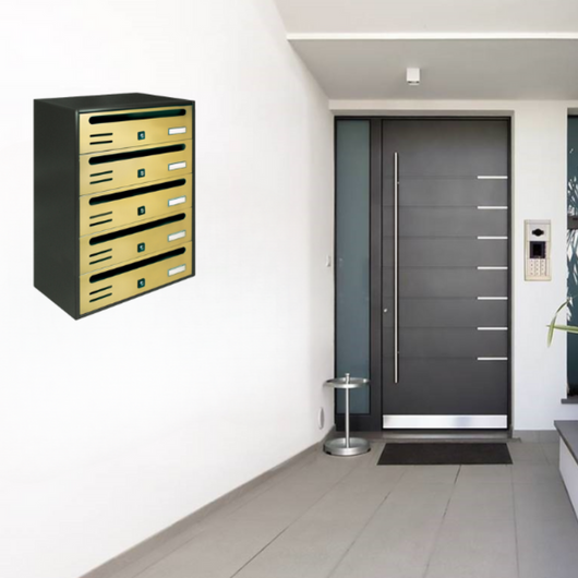 ALUBOX CUBO Cassette Postali Condominiali 5 Posti 53X38,5X25 Cm In Lamiera Zincata Cassetta Postale Condominiale Orizzontale Da Esterno E Interno Protetto COLORE: ANTRACITE E SPORTELLI ORO