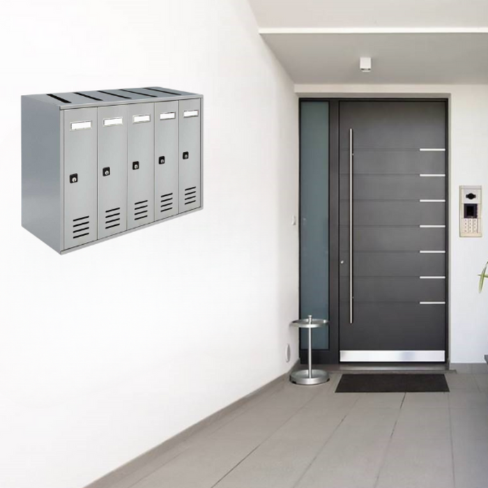 ALUBOX CUBO Cassette Postali Condominiali 5 Posti 38,5X53X25 Cm In Lamiera Zincata Cassetta Postale Condominiale Verticale Da Esterno E Interno Protetto COLORE: ARGENTO RAL 9006