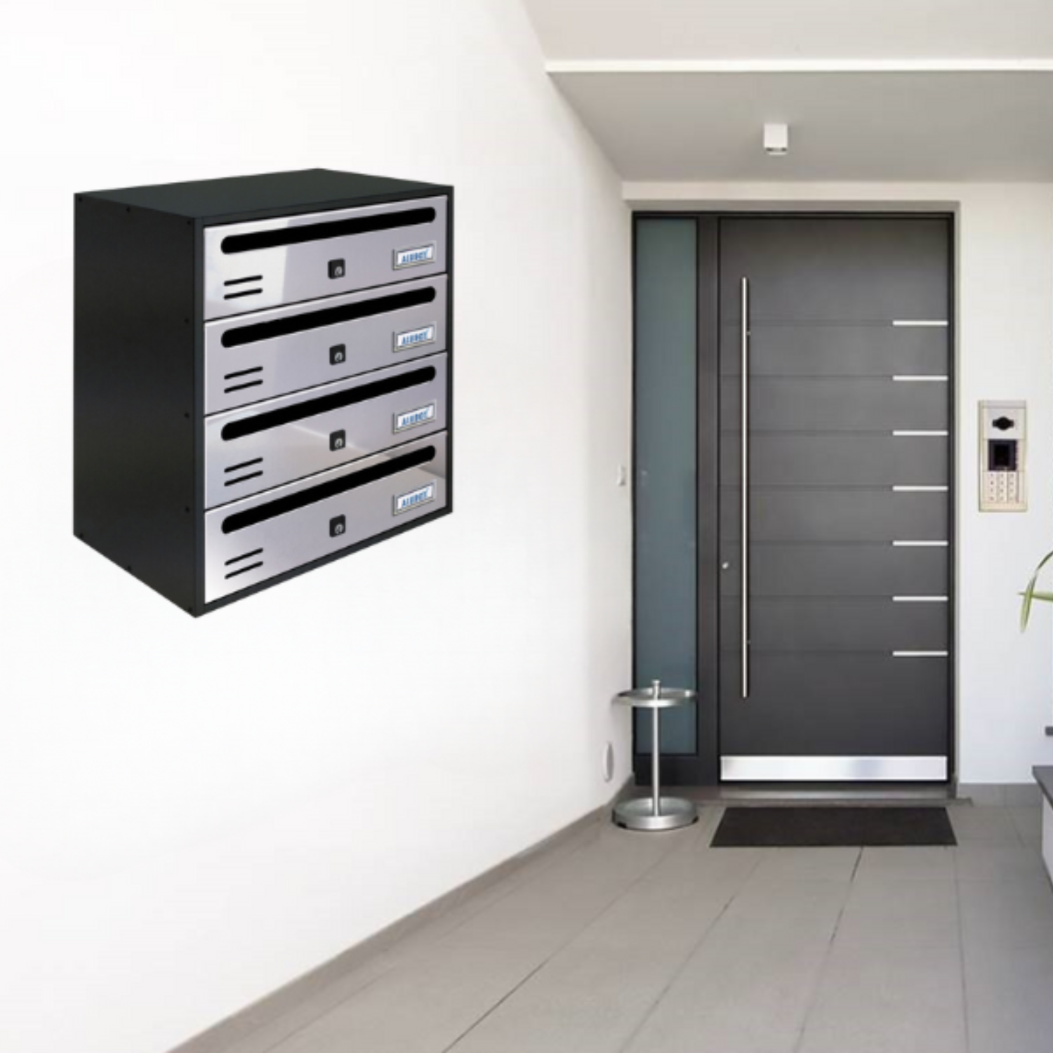 ALUBOX CUBO Cassette Postali Condominiali 4 Posti 43X38,5X25 Cm In Lamiera Zincata Cassetta Postale Condominiale Orizzontale Da Interno Ed Esterno Protetto COLORE: ANTRACITE E SPORTELLI INOX SPECCHIATO