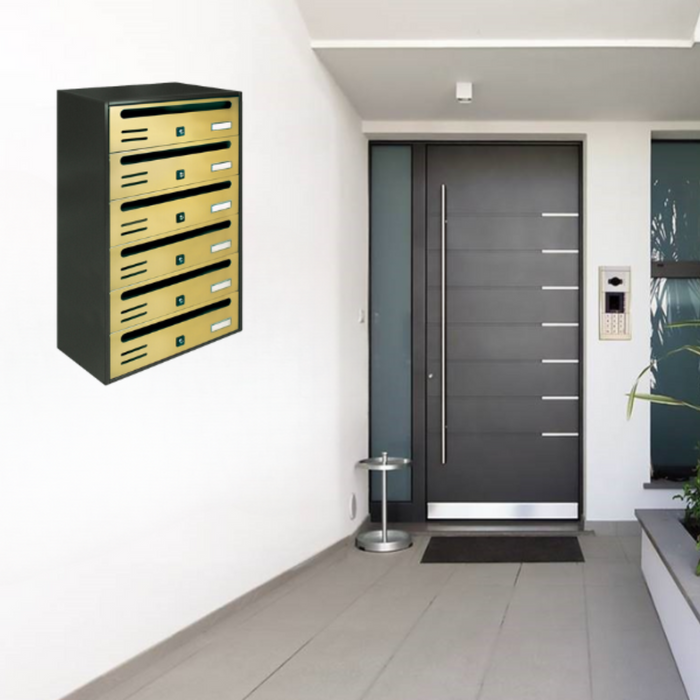 ALUBOX CUBO Cassette Postali Condominiali 6 Posti  63X38,5X25 Cm In Lamiera Zincata Cassetta Postale Condominiale Orizzontale Da Esterno E Interno Protetto COLORE: ANTRACITE E SPORTELLI ORO
