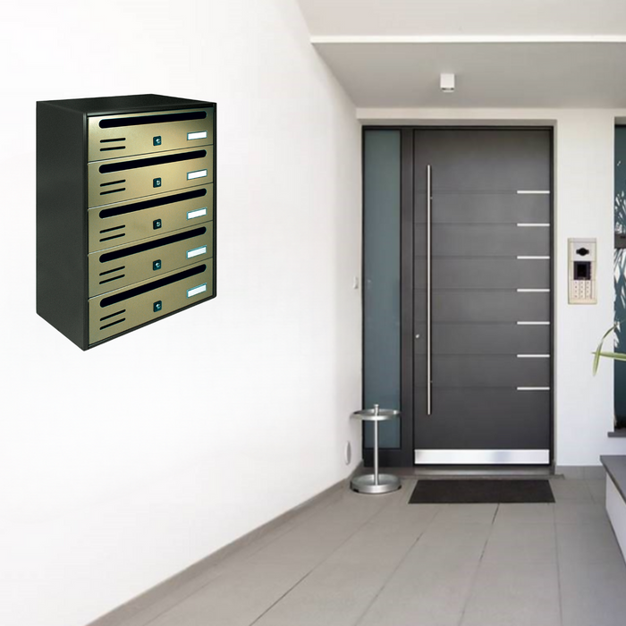 ALUBOX CUBO Cassette Postali Condominiali 5 Posti 53X38,5X25 Cm In Lamiera Zincata Cassetta Postale Condominiale Orizzontale Da Esterno E Interno Protetto COLORE: ANTRACITE E SPORTELLI BRONZO ANTICO