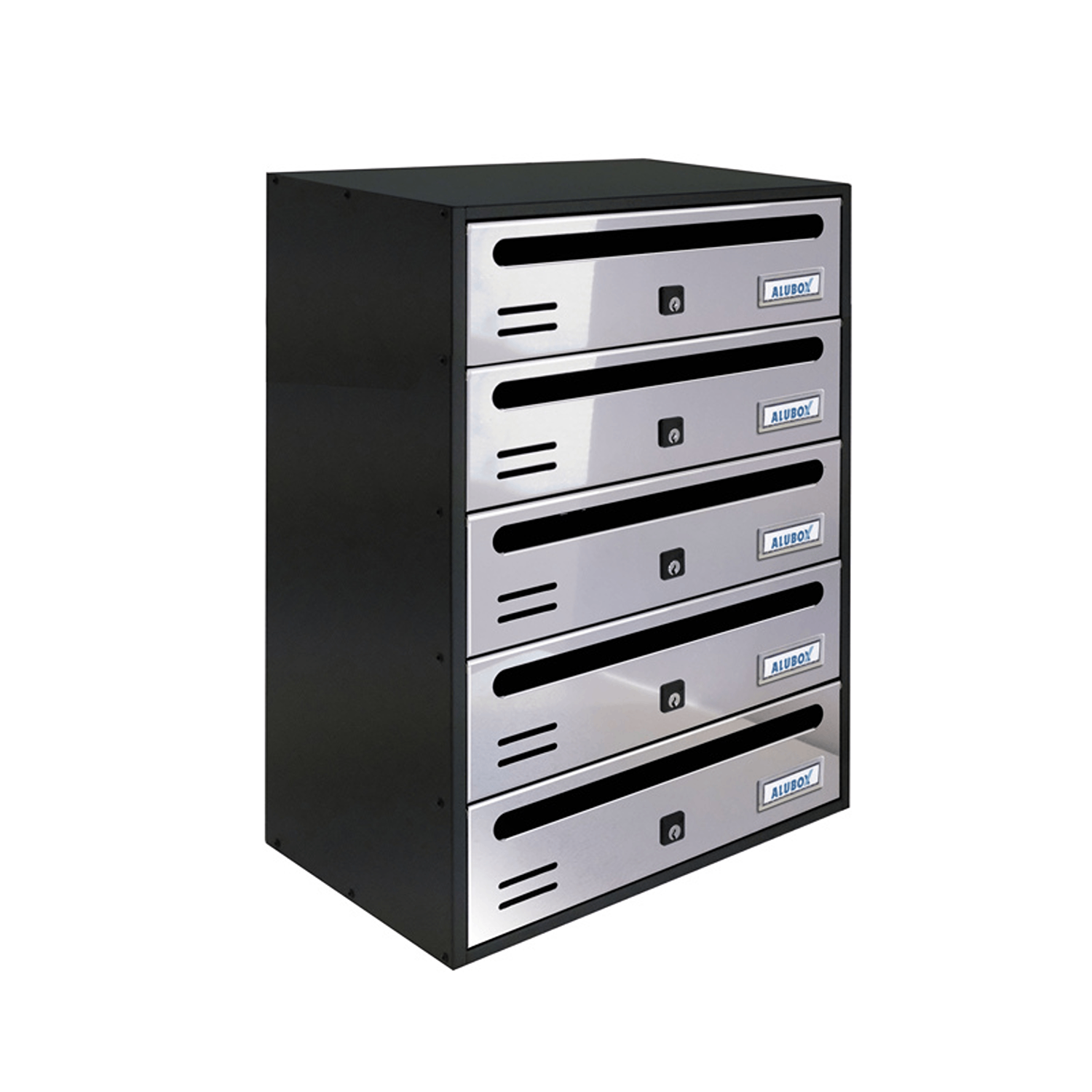 ALUBOX CUBO Cassette Postali Condominiali 5 Posti 53X38,5X25 Cm In Lamiera Zincata Cassetta Postale Condominiale Orizzontale Da Esterno E Interno Protetto COLORE: ANTRACITE E SPORTELLI INOX SPECCHIATO