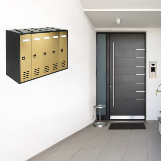 ALUBOX CUBO Cassette Postali Condominiali 5 Posti 38,5X53X25 Cm In Lamiera Zincata Cassetta Postale Condominiale Verticale Da Esterno E Interno Protetto COLORE: ANTRACITE E SPORTELLI ORO