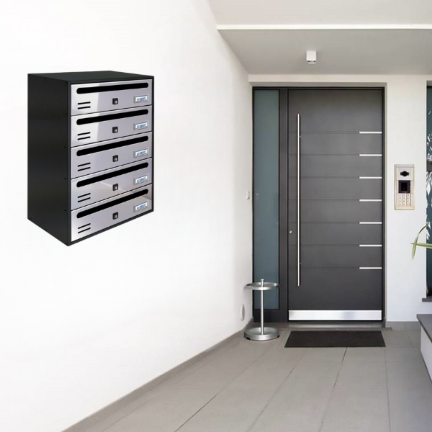 ALUBOX CUBO Cassette Postali Condominiali 5 Posti 53X38,5X25 Cm In Lamiera Zincata Cassetta Postale Condominiale Orizzontale Da Esterno E Interno Protetto COLORE: ANTRACITE E SPORTELLI INOX SPECCHIATO