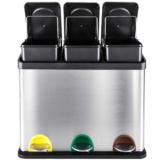 Pattumiera Raccolta Differenziata Acciaio 54LT 3 Scomparti con Pedale Silver Nero