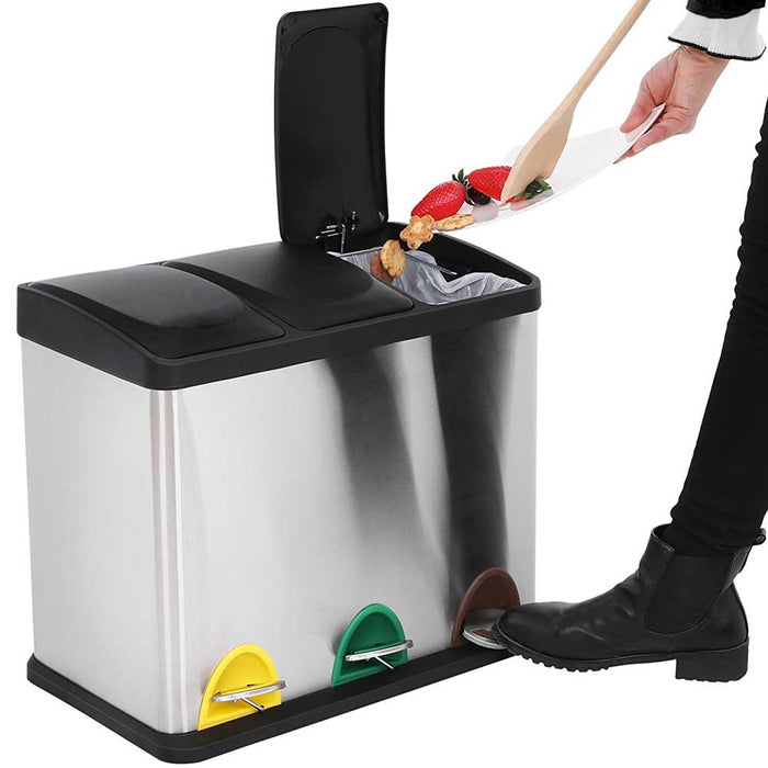 Pattumiera Raccolta Differenziata Acciaio 45LT 3 Scomparti con Pedale Silver Nero