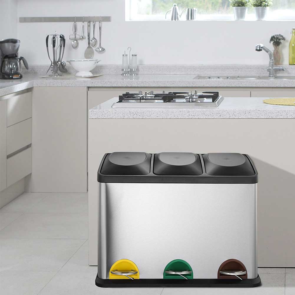 Pattumiera Raccolta Differenziata Acciaio 45LT 3 Scomparti con Pedale Silver Nero