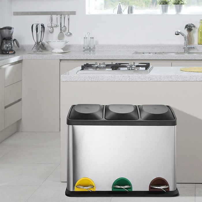 Pattumiera Raccolta Differenziata Acciaio 45LT 3 Scomparti con Pedale Silver Nero