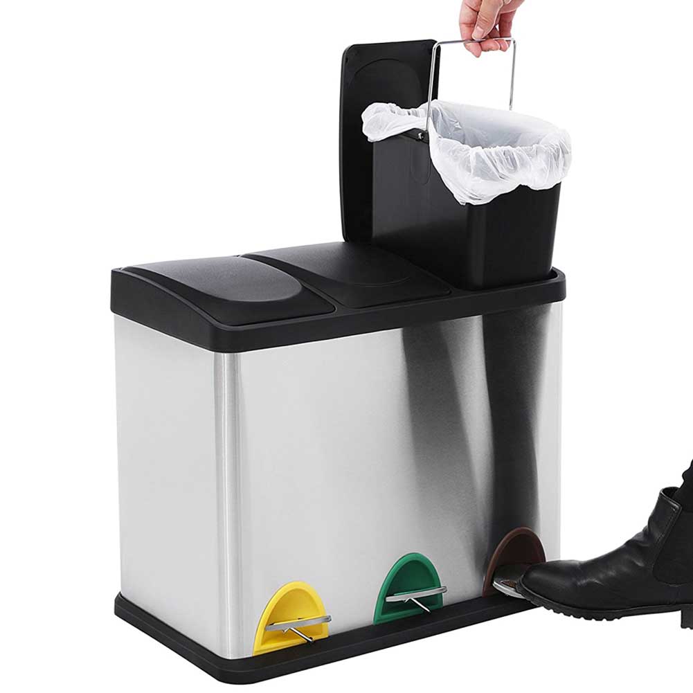 Pattumiera Raccolta Differenziata Acciaio 45LT 3 Scomparti con Pedale Silver Nero