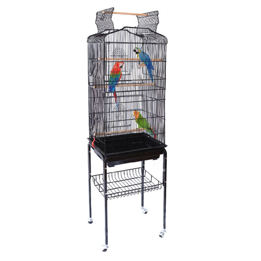 Voliera Gabbia per Uccelli Pappagalli Nera Tetto Apribile 4ruote 46x35x148cm