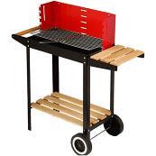 BARBECUE RETTANGOLARE CON RIPIANI IN LEGNO RUOTE PER SPOSTAMENTO E STRUTTURA IN ACCIAIO ROSSA E NERA 51X32X69 CM