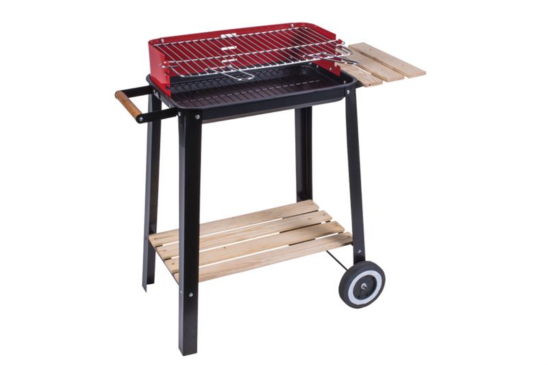 BARBECUE RETTANGOLARE CON RIPIANI IN LEGNO RUOTE PER SPOSTAMENTO E STRUTTURA IN ACCIAIO ROSSA E NERA 51X32X69 CM