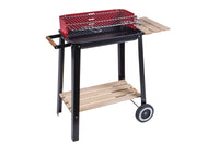 BARBECUE RETTANGOLARE CON RIPIANI IN LEGNO RUOTE PER SPOSTAMENTO E STRUTTURA IN ACCIAIO ROSSA E NERA 51X32X69 CM