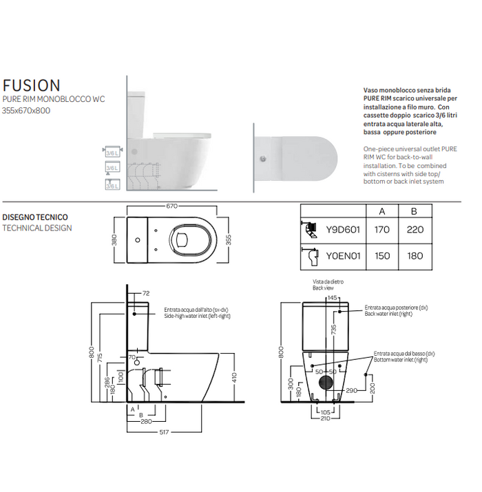Vaso filomuro monoblocco senza brida - bianco - Fusion - Hatria