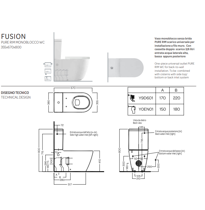 Vaso filomuro monoblocco senza brida - bianco - Fusion - Hatria