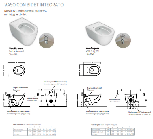 Vaso filomuro con bidet integrato - bianco - Fusion - Hatria