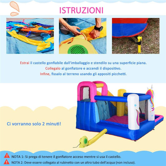 CASTELLO GONFIABILE GIGANTE CON UNICORNO PER 4 BAMBINI 380 X 320 X 210 CM