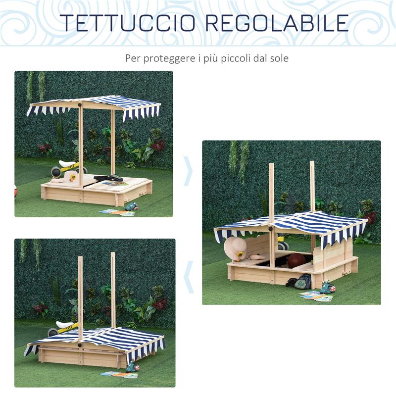 SABBIERA PER BAMBINI CON TETTUCCIO PARASOLE 106X106X121 CM BIANCO E BLU