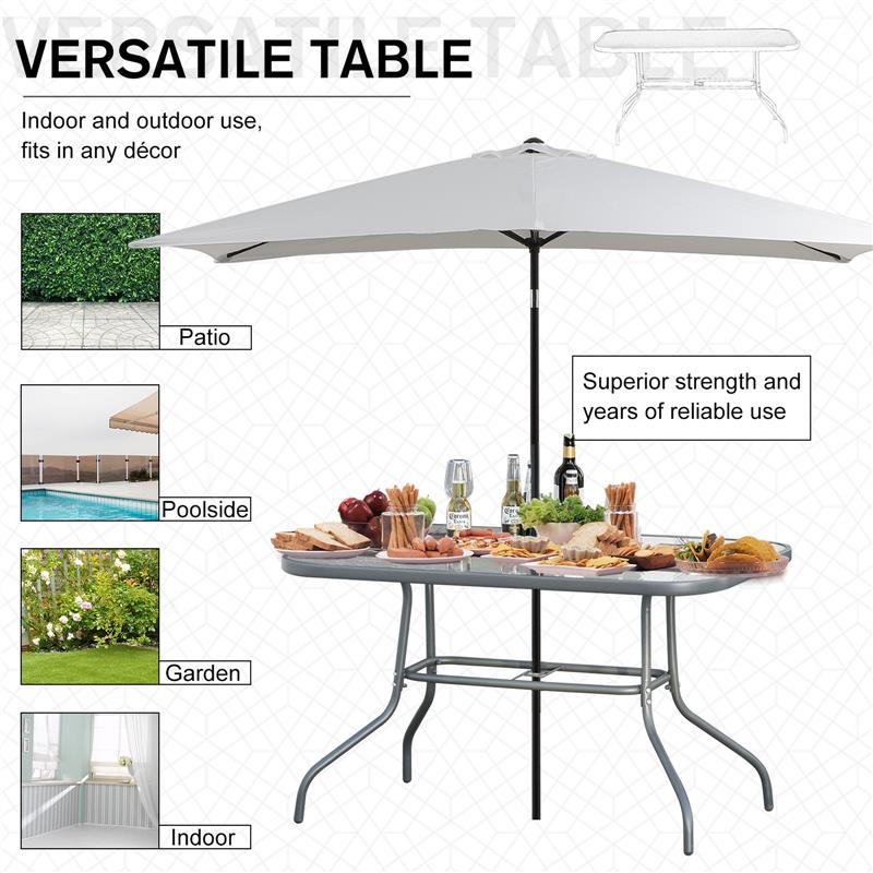 TAVOLO DA GIARDINO IN METALLO E VETRO CON FORO OMBRELLONE 120 X 80 X 70 CM