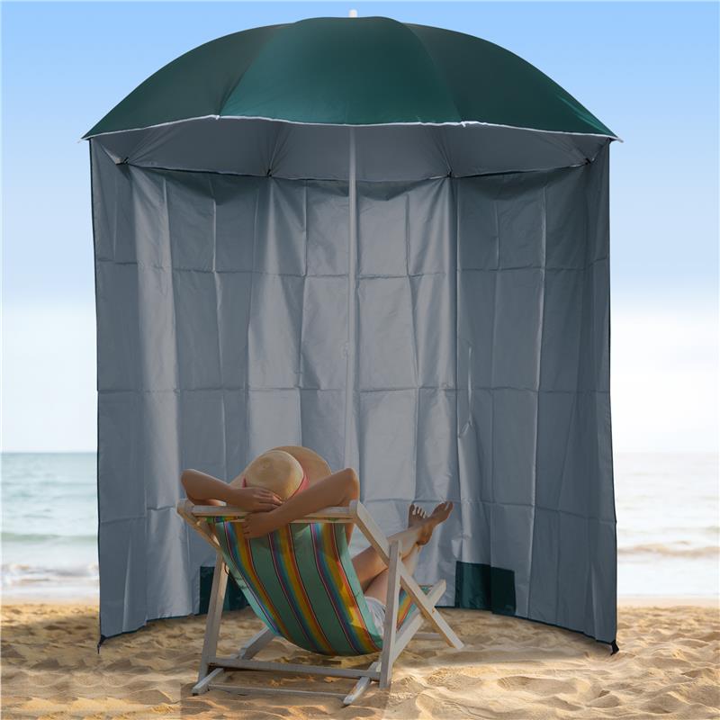 OMBRELLONE DA SPIAGGIA E DA GIARDINO 220CM CON TENDA PARASOLE, POLIESTERE E METALLO, VERDE SCURO E BIANCO