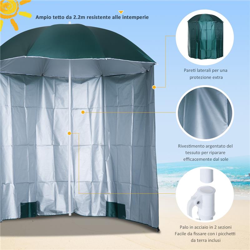 OMBRELLONE DA SPIAGGIA E DA GIARDINO 220CM CON TENDA PARASOLE, POLIESTERE E METALLO, VERDE SCURO E BIANCO