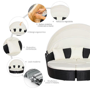 SET COMPONIBILE DIVANO CIRCOLARE DA ESTERNO IN PE RATTAN NERO E BEIGE