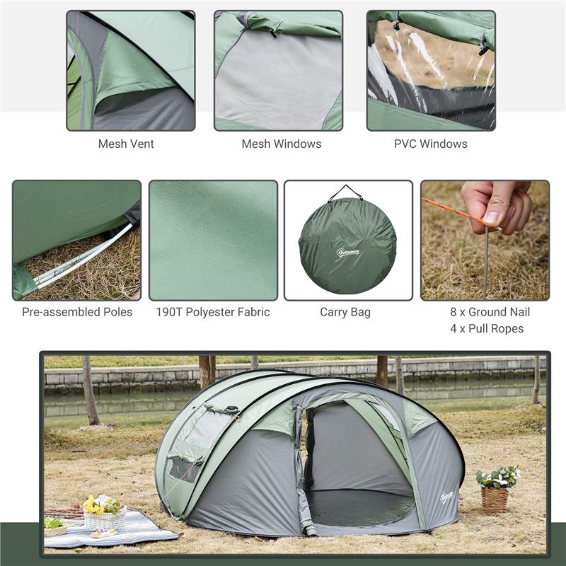 TENDA DA CAMPEGGIO POP UP 4-5 POSTI 264 X 220 X 123 CM GRIGIO E VERDE