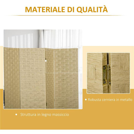 PARAVENTO PIEGHEVOLE  DA INTERNO A 4 ANTE IN LEGNO E BAMBÙ H 170 CM MARRONE