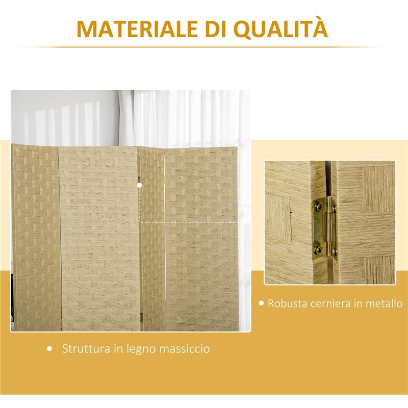 PARAVENTO PIEGHEVOLE  DA INTERNO A 4 ANTE IN LEGNO E BAMBÙ H 170 CM MARRONE